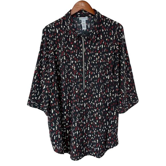 Catherines Tops - Catherines Blouse 1/2 Zip Black Red Pattern 3/4 Sleeve Office Women's 1X 18/20W